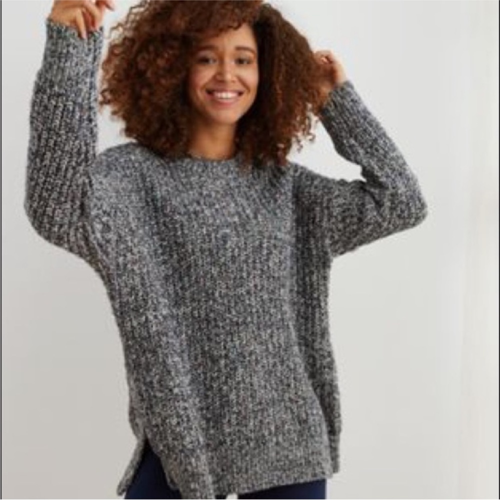 Aerie Space Dye Oversized Cable Knit Boxy Crew Desert Sweater Gray Multi Size XS